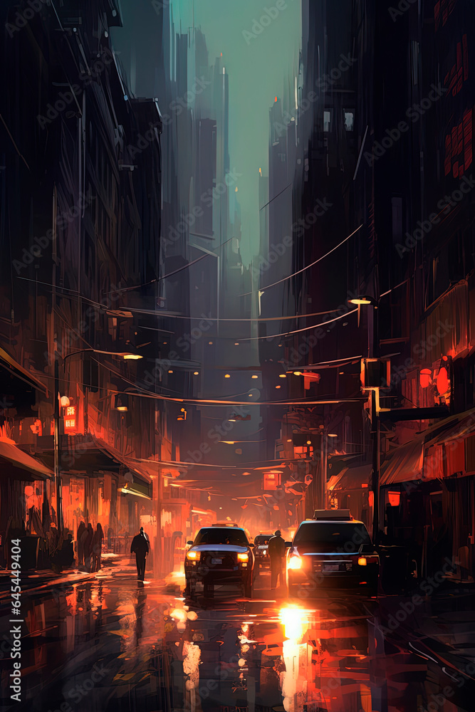 A city street at night. Traffic. Generative AI