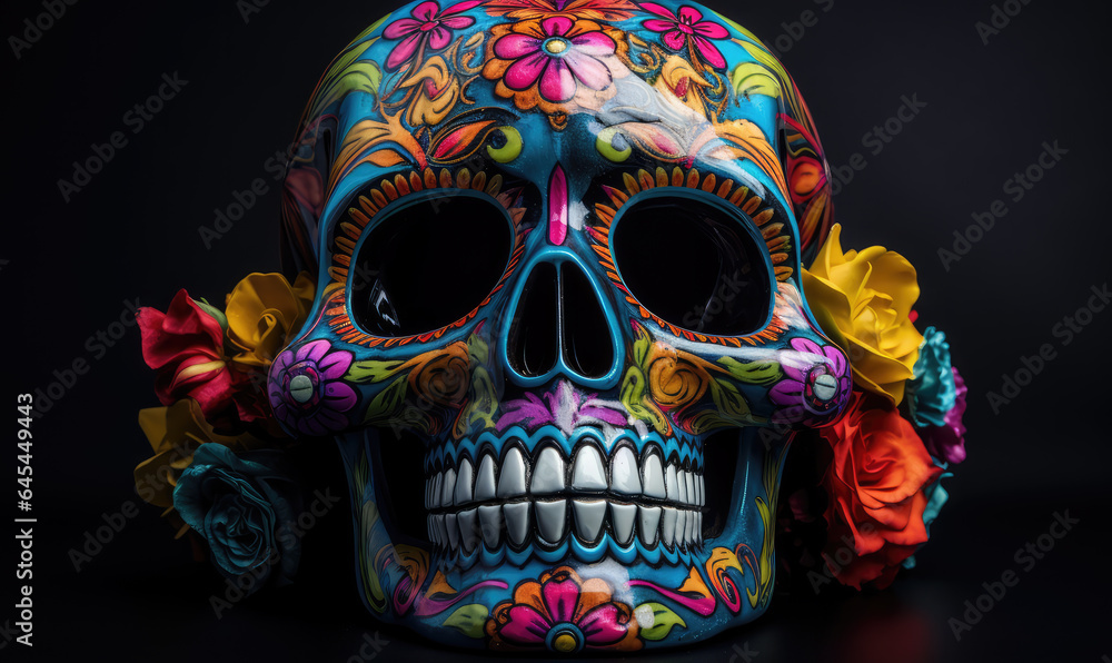 Skull art painted with Mexican designs with colorful flowers celebrating the Day of the Dead. Skull art painted with Mexican designs with colorful flowers celebrating the Day of the Dead.