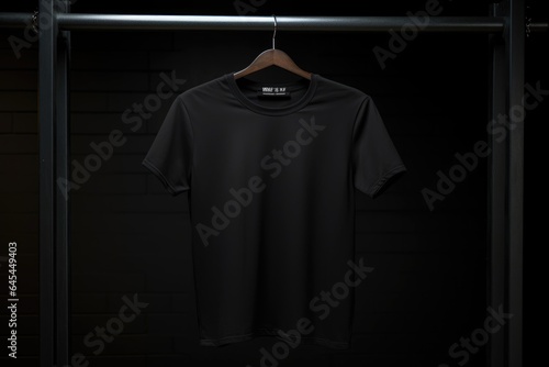 A mock-up of a black T-shirt is hanging on a hanger