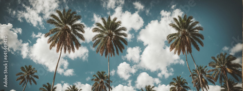 Blue sky and palm trees view from below, vintage style, tropical beach and summer background, travel concept © @uniturehd