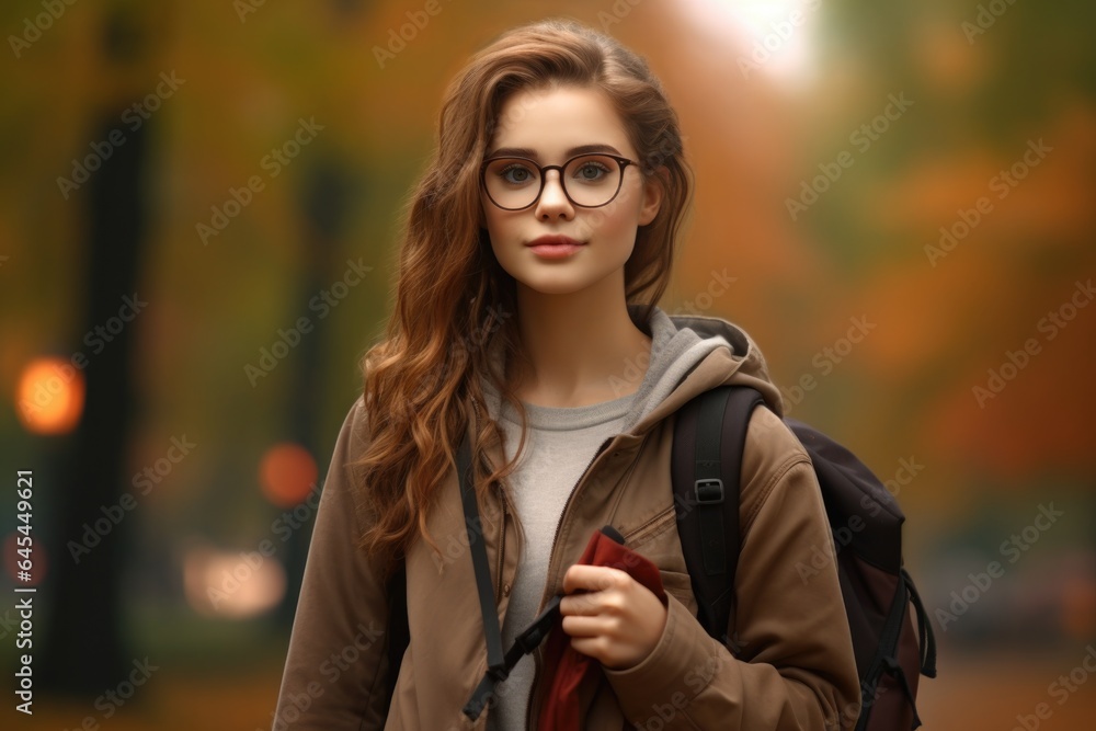A student girl with a backpack and glasses in the park in autumn A student girl with a backpack and glasses in the park in autumn