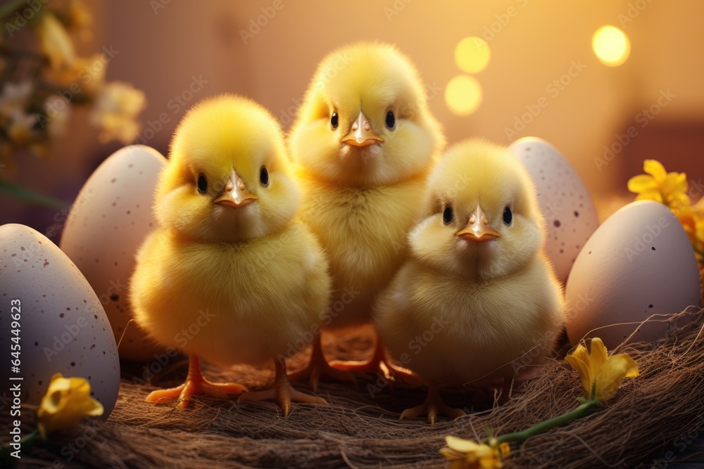 Three little chickens are sitting in a basket with Easter eggs