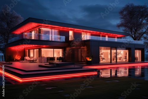 Design of a modern country house with red neon lighting