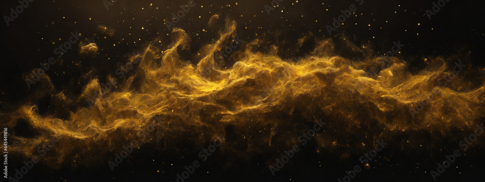 Fototapeta premium Abstract magic gold dust background over black. Beautiful golden art widescreen background