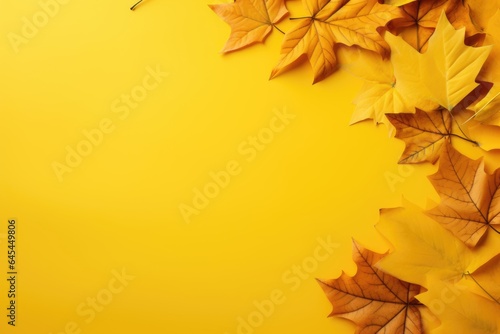 Autumn leaves on a yellow table top view