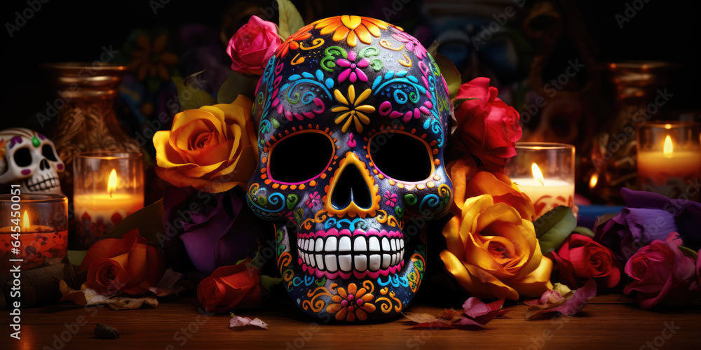Skull art painted with Mexican designs with colorful flowers celebrating the Day of the Dead.
