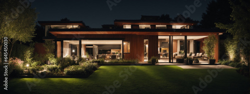 Modern house with garden at night © @uniturehd