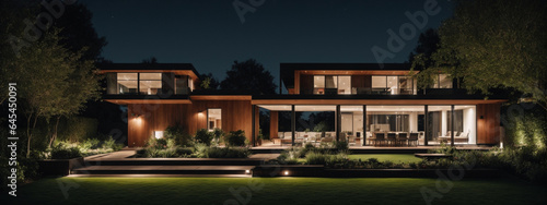 Modern house with garden at night © @uniturehd