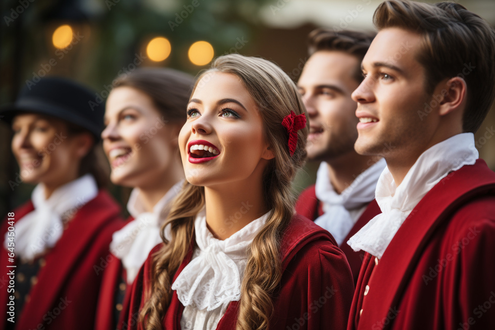 group of carolers singing beneath twinkling lights, spreading holiday cheer through song group of carolers singing beneath twinkling lights, spreading holiday cheer through song