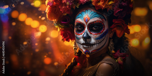 Beautiful woman with Mexican skulls makeup on her face and dressed for Day of the Dead in Mexico. © Bnetto