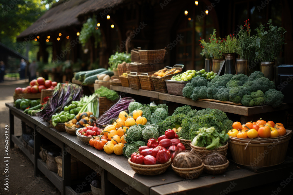 Farm to Table. Farmer's market stall filled with fresh fruits and vegetables, capturing the essence of locally sourced produce. Generative Ai.