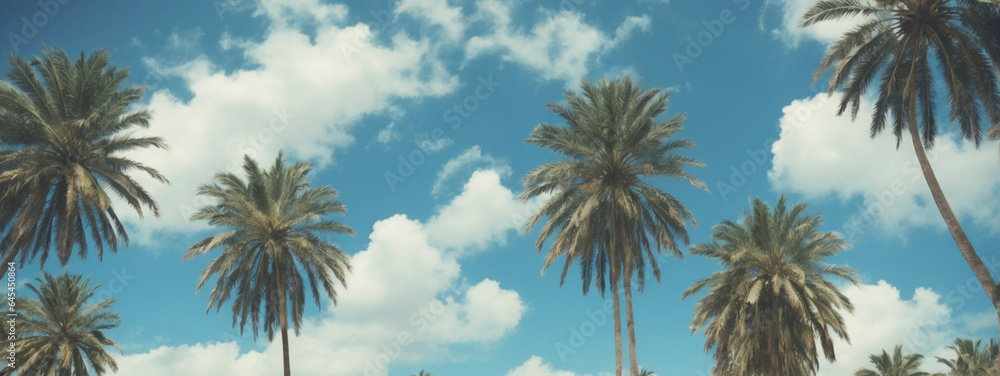 Fototapeta premium Blue sky and palm trees view from below, vintage style, tropical beach and summer background, travel concept