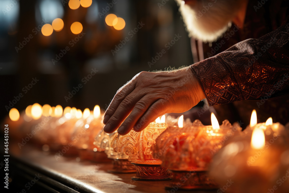 A close-up of a person's hand lighting the Rosh Hashanah candles, a ritual that ushers in the holiday and marks a sacred moment. Generative Ai.