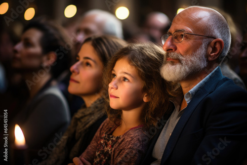 Families joining in song and prayer during the Rosh Hashanah synagogue service, creating a spiritual and communal experience. Generative Ai.