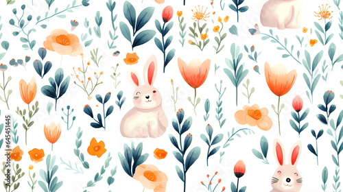 Watercolor floral and rabbits seamless wallpaper background for crafts, art projects, invitations, scrapbooking