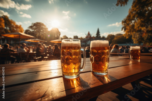 The golden hue of freshly poured beer catching the sunlight, a quintessential sight at Oktoberfest. Generative Ai. photo