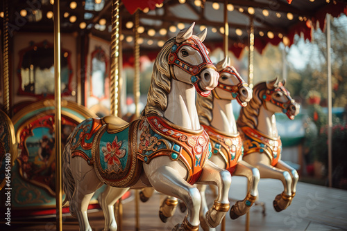 Vibrant carousel horses and other rides, evoking a sense of nostalgia and childhood joy at Oktoberfest. Generative Ai.