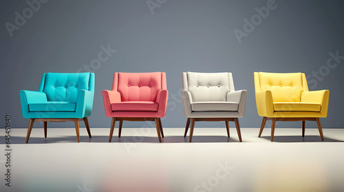 Four front facing isolated colorful chairs in a row on a grey background and neutral flooring.  