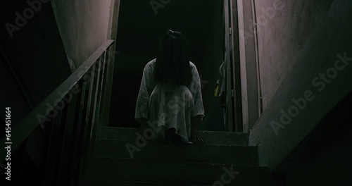 фотографія Horror scene of a mysterious Scary Asian ghost woman creepy have hair covering t
