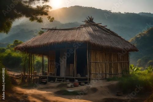 The small house of a poor man is like a hut, its slightly broken roof made of bamboo, basking in the warm embrace of a sunny noon. AI Generative