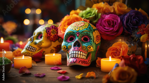 Skull art painted with Mexican designs with colorful flowers celebrating the Day of the Dead.