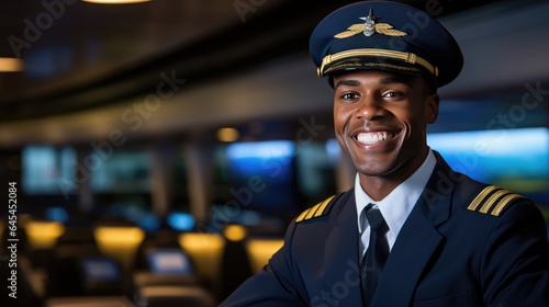 a confident black airline employee, instilling confidence in passengers and emphasizing the professionalism of the aviation staff.