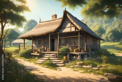 The small house of a poor man is like a hut, its slightly broken roof made of bamboo, basking in the warm embrace of a sunny noon. AI Generative