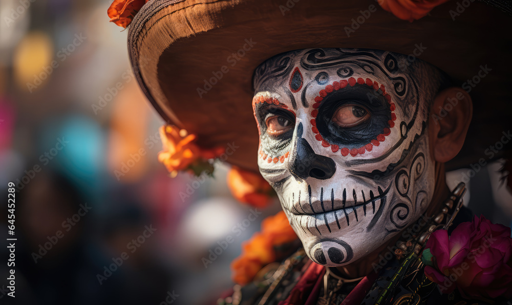 Man with Mexican skull makeup on his face dressed for Day of the Dead in Mexico.
