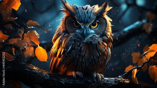 An owl with orange eyes sits on a branch.