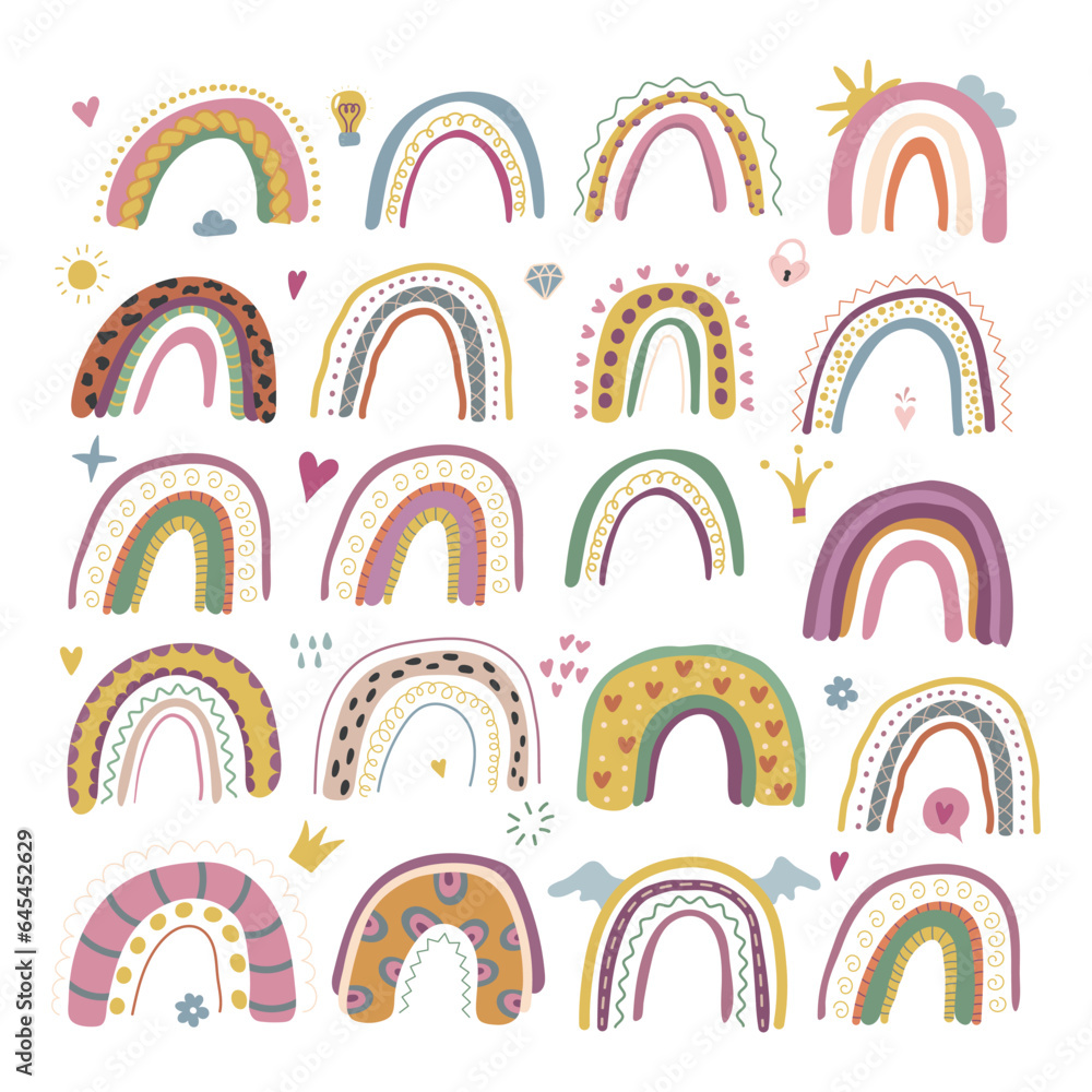 Bright cute rainbows on a white background. Magic rainbow. Vector illustration. Bright cute rainbows on a white background. Magic rainbow. Vector illustration.