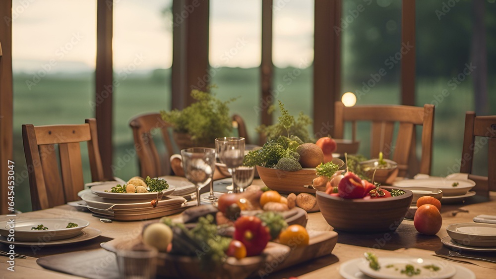 Farm to Table-A country-style dining table set for a farm-to-table dinner with local produce., Farm to Table