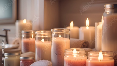 Cosmetics and Beauty Products-A shelf of scented candles and bath salts  creating a relaxing atmosphere in a bathroom.  Cosmetics and Beauty Products
