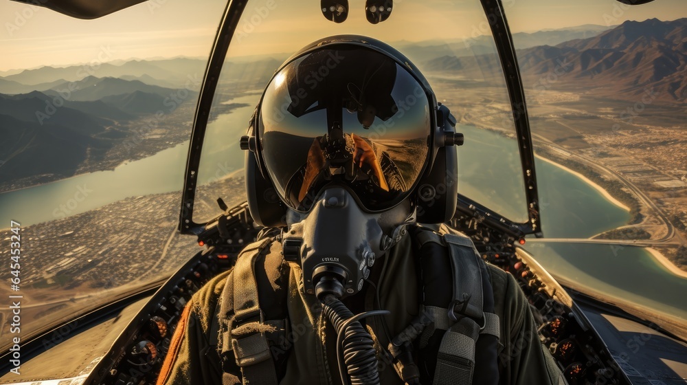 filming the view from the cockpit through the visor of a fighter jet's helmet. world of aviation, emphasizing the precision and skill required to fly fighter jets. - obrazy, fototapety, plakaty 