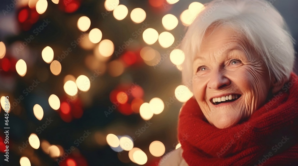 Close up portrait of cute smiling old woman near a decorated Christmas Close up portrait of cute smiling old woman near a decorated Christmas