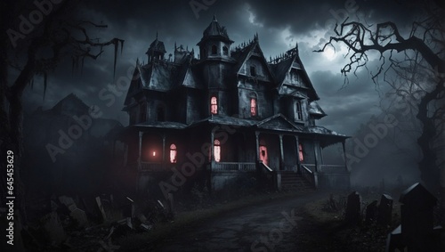 Haunted House with Dark Horror Atmosphere. Haunted Scene House. © ponpary