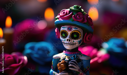 Skull art painted with Mexican designs with colorful flowers celebrating the Day of the Dead.