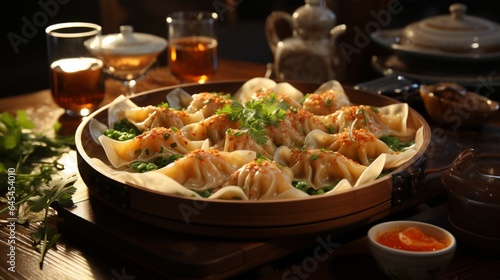 Delicious dimsums in wooden bowl.