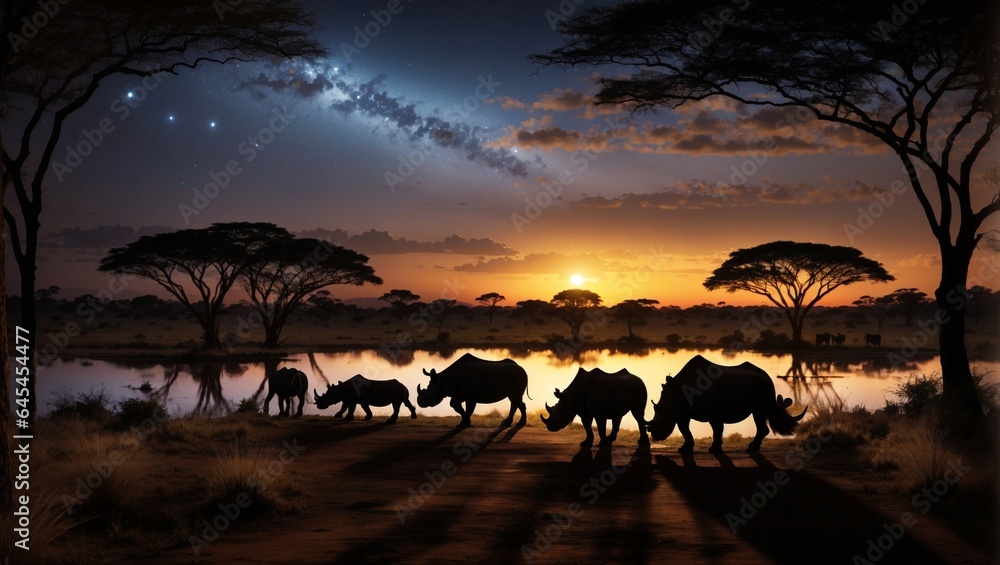 South africa of Silhouette African night safari scene with wildlife animals on the panorama rhino nature