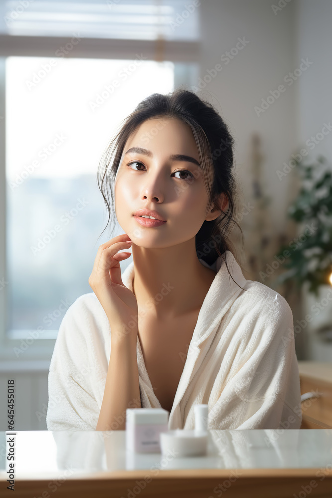 Beautiful asian woman with clean fresh skin applying cream to face Beautiful asian woman with clean fresh skin applying cream to face