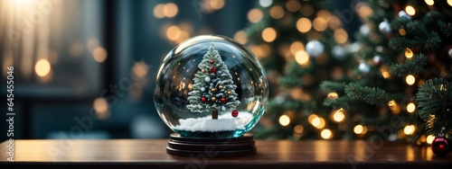 Christmas glass ball with tree in it on winter background. photo