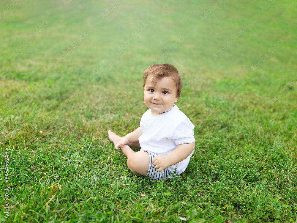 A baby sits on green lawn, freedom of movement for the child. Summer time, happy baby. A baby sits on green lawn, freedom of movement for the child. Summer time, happy baby.