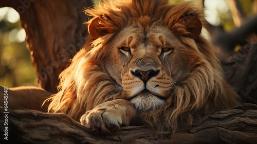 Majestic lion rests in Africa wilderness area. © Renuka