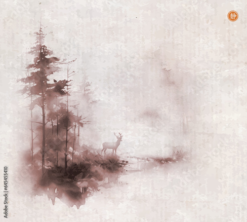 Ink painting of deer in a misty forest. Traditional Japanese ink wash painting sumi-e on vintage background. Translation of hieroglyph - silence