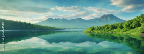 Volcanic mountain in morning light reflected in calm waters of lake.