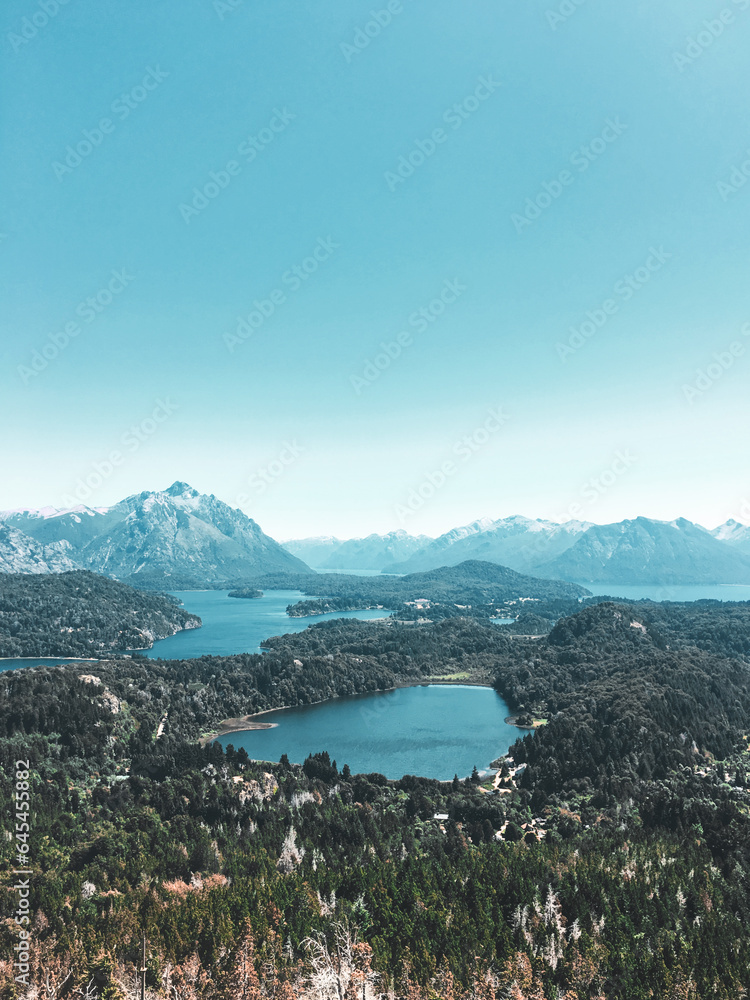 Sunny landscape with mountains and lakes in Bariloche, Argentina