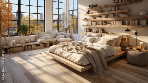 Interior of minimalist scandi bedroom in luxury studio apartment. Simple wooden bed and elements of furniture, bookshelves, chillout area, panoramic windows with city view. Ecodesign. 3D rendering. © Georgii
