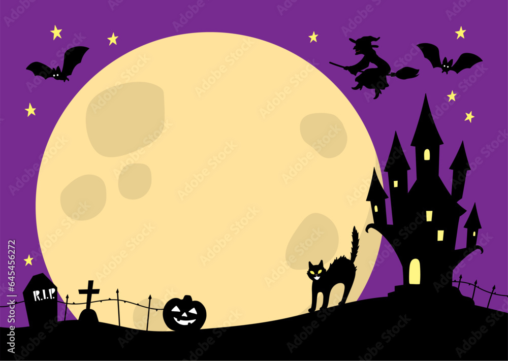 Halloween horizontal background with purple night yellow full moon copyspace and castle illustration A4 vector template for flyer