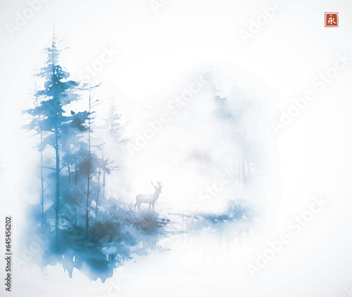 Blue ink painting of deer in a misty forest. Traditional Japanese ink wash painting sumi-e on white background. Translation of hieroglyph - eternity