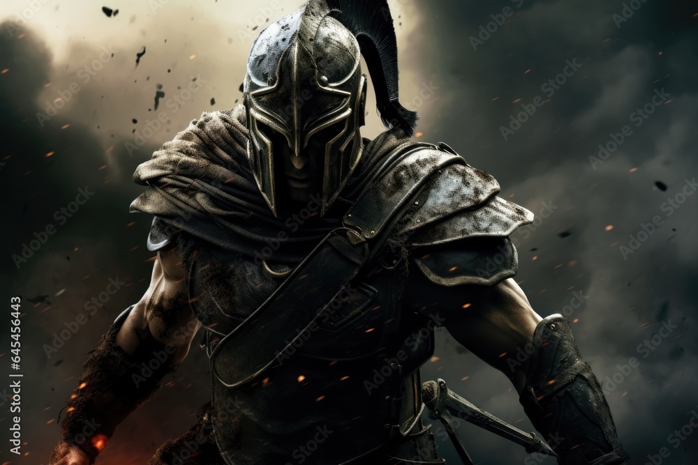 Fototapeta premium Enter the Realm of the Fearless Spartan, Draped in Imposing Full-Body Armor, Lost in an Epic Battle Amidst a Swirling Veil of Smoke and Mystery