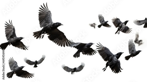 captivating froto featuring a large flock of black crows in flight  set against a pristine white isolated background.